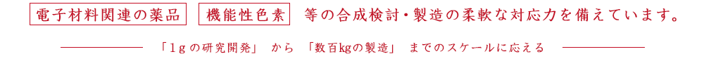 電子材料関連の薬品 機能性色素 等の受託合成検討・受託製造の柔軟な対応力を備えています。